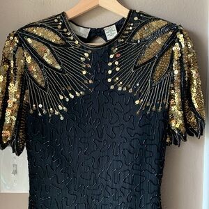 Vintage LAURENCE KAZAR Gold and Black Silk Sequin Open Back Midi Dress